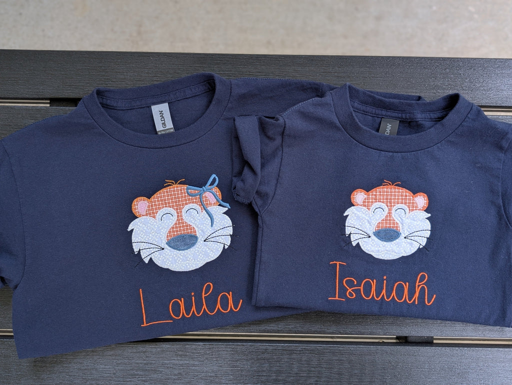 Tiger applique shirts with custom name embroidery for kids