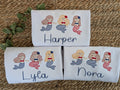 White tees with embroidered mermaid trio design personalized with names Harper, Lyla, and Nora
