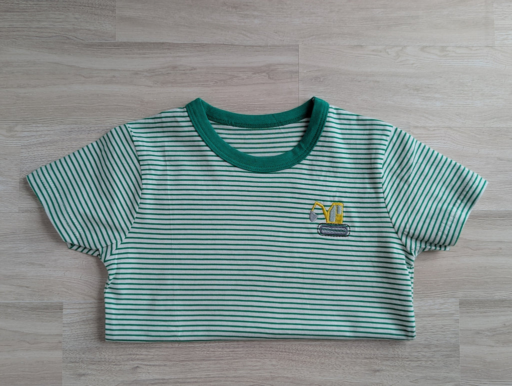 Green and white stripe boys tee with embroidered golf bag logo on chest