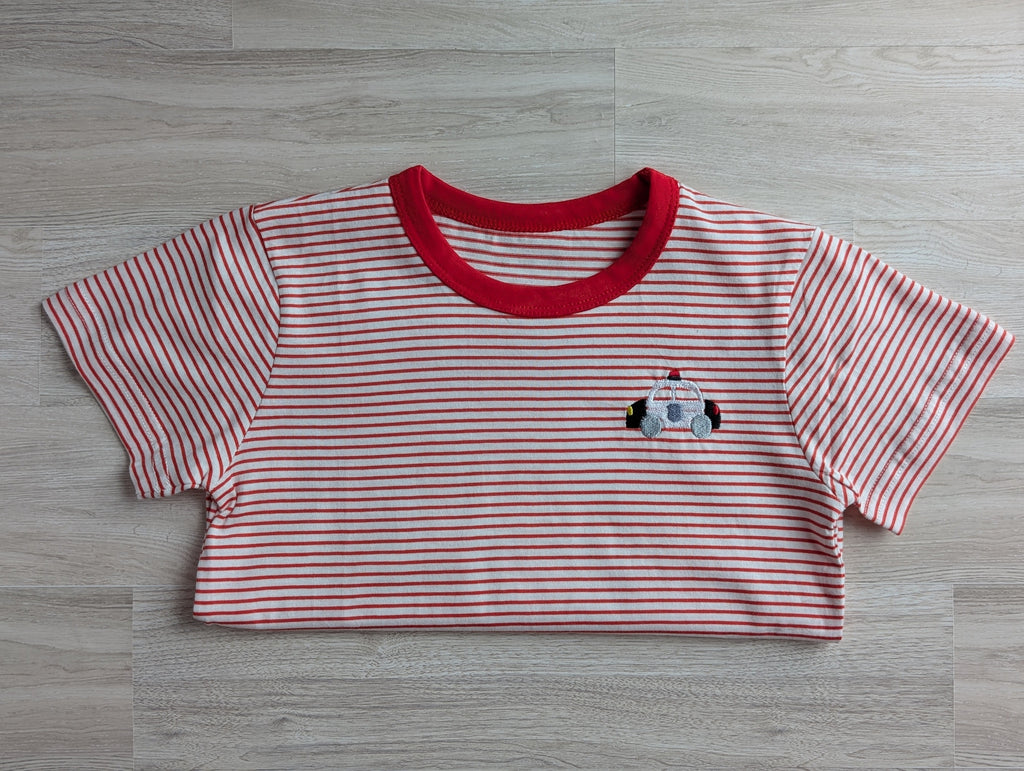 Red and white stripe boys tee with embroidered train logo on chest