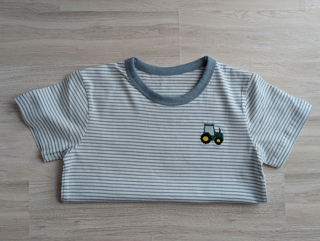 Blue grey and white stripe boys tee with embroidered tractor logo on chest