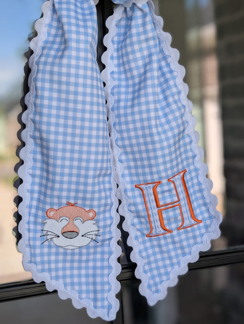 Block Initial Tiger Mascot Light Blue Gingham Wreath Sash