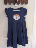 Navy tiered girls dress with tiger face appliqué, full dress view