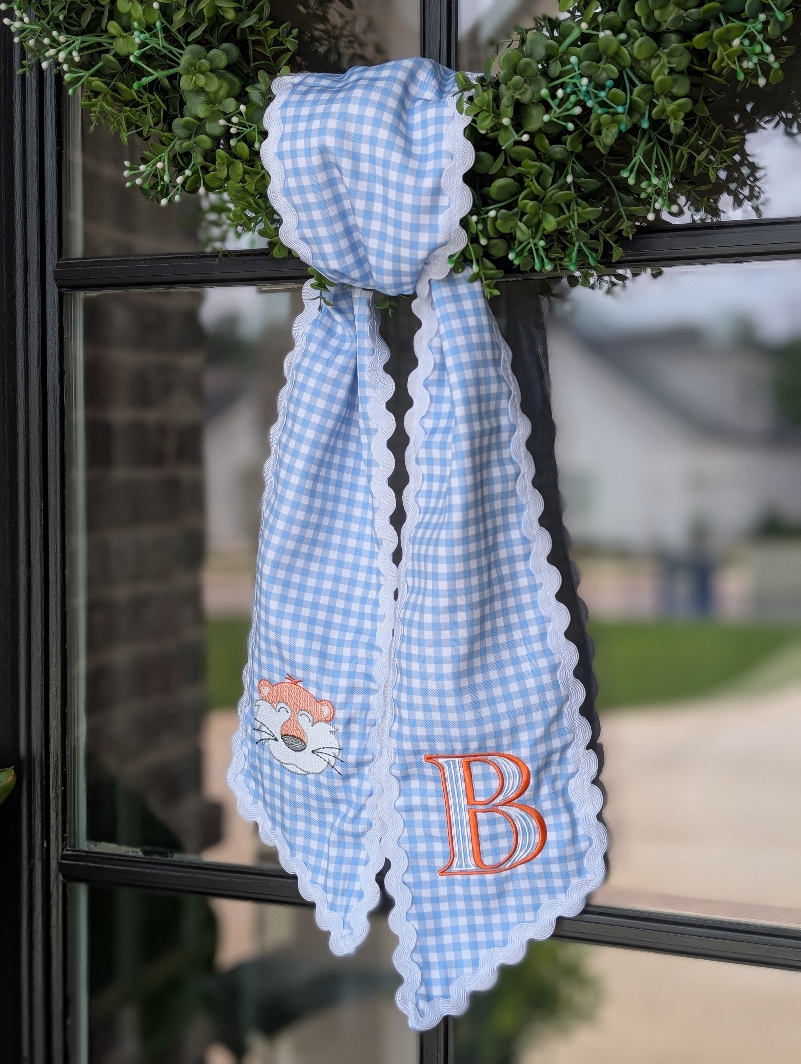 Block Initial Tiger Mascot Light Blue Gingham Wreath Sash