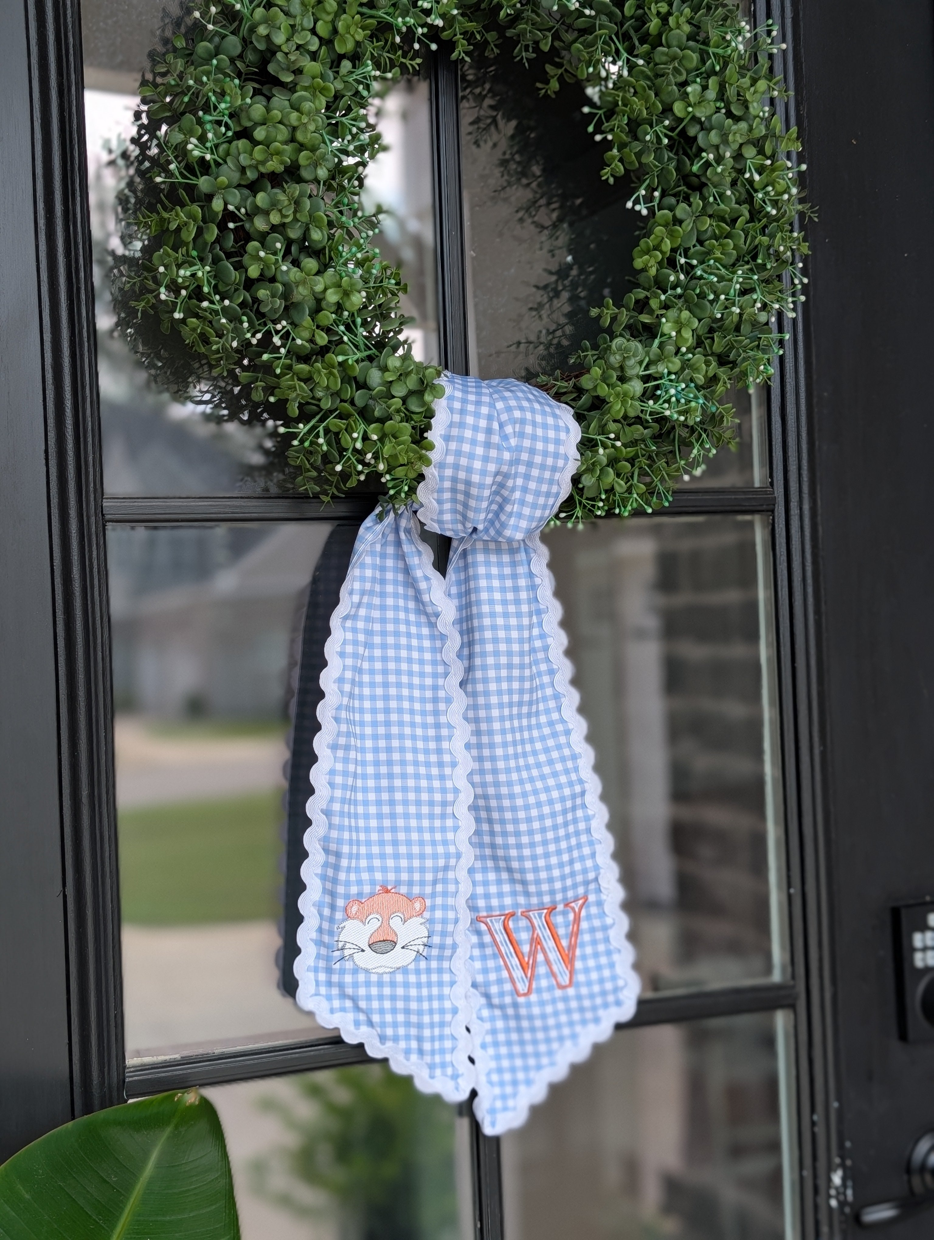 Block Initial Tiger Mascot Light Blue Gingham Wreath Sash