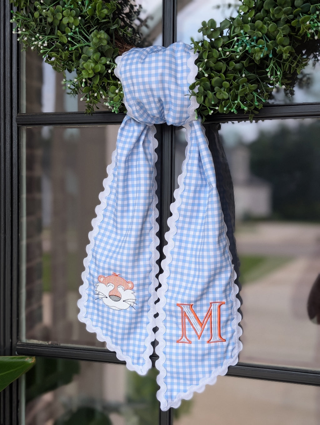 Block Initial Tiger Mascot Light Blue Gingham Wreath Sash