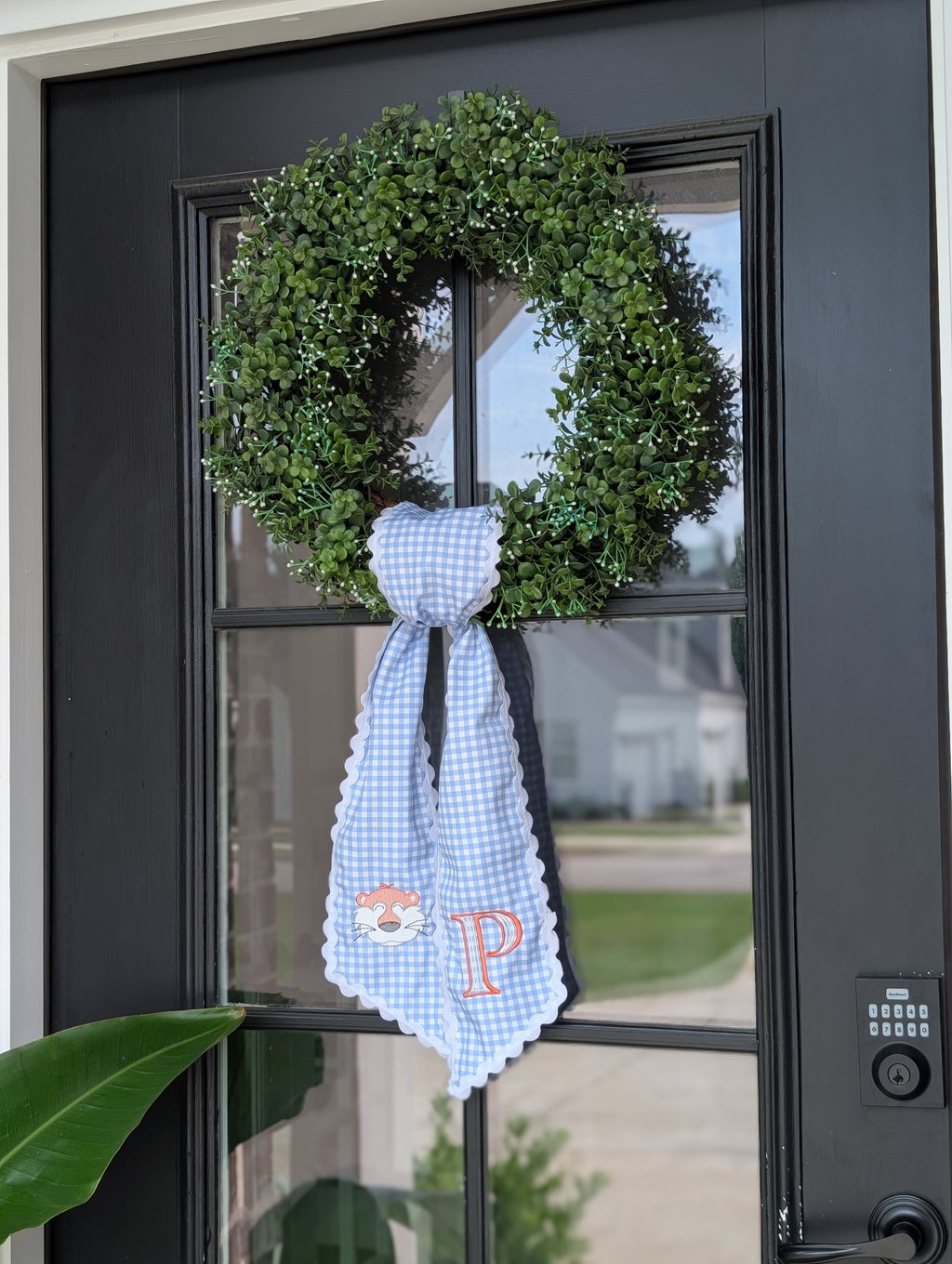 Block Initial Tiger Mascot Light Blue Gingham Wreath Sash