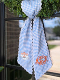 Script Monogram with Tiger Mascot. Light Blue Gingham Wreath Sash