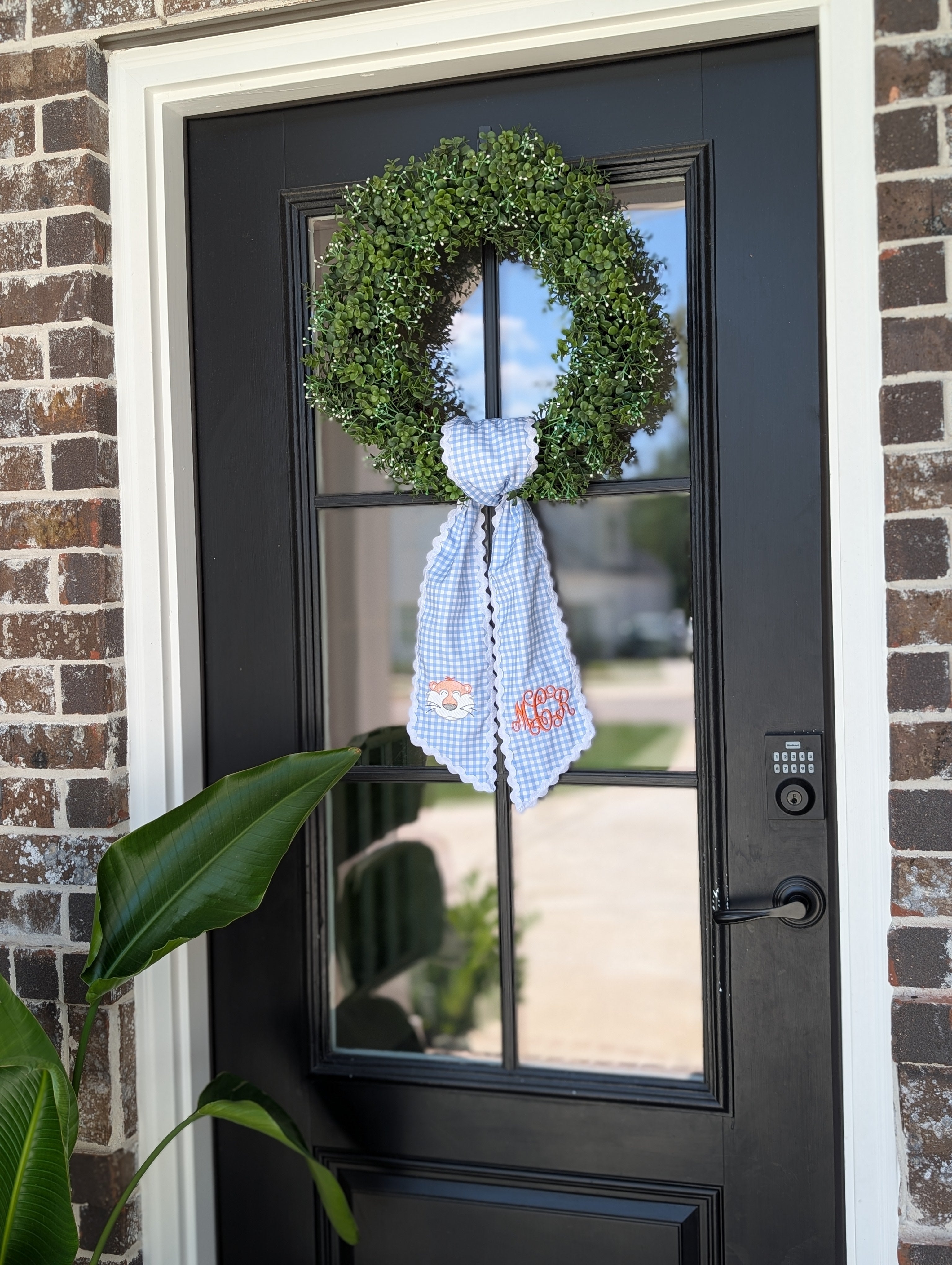 Script Monogram with Tiger Mascot. Light Blue Gingham Wreath Sash