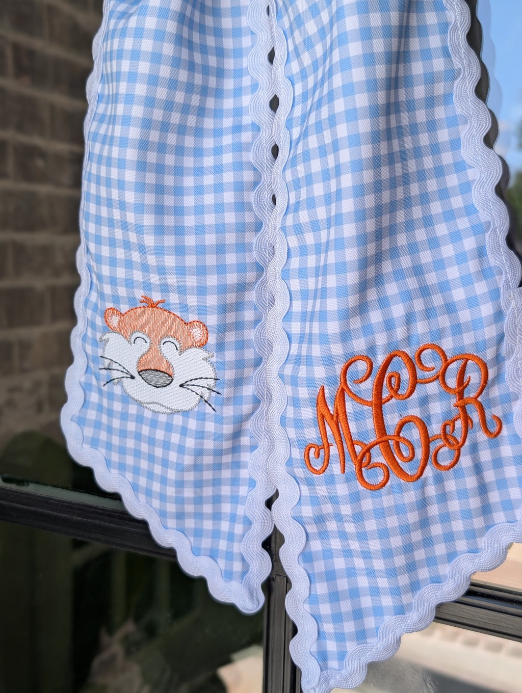 Script Monogram with Tiger Mascot. Light Blue Gingham Wreath Sash