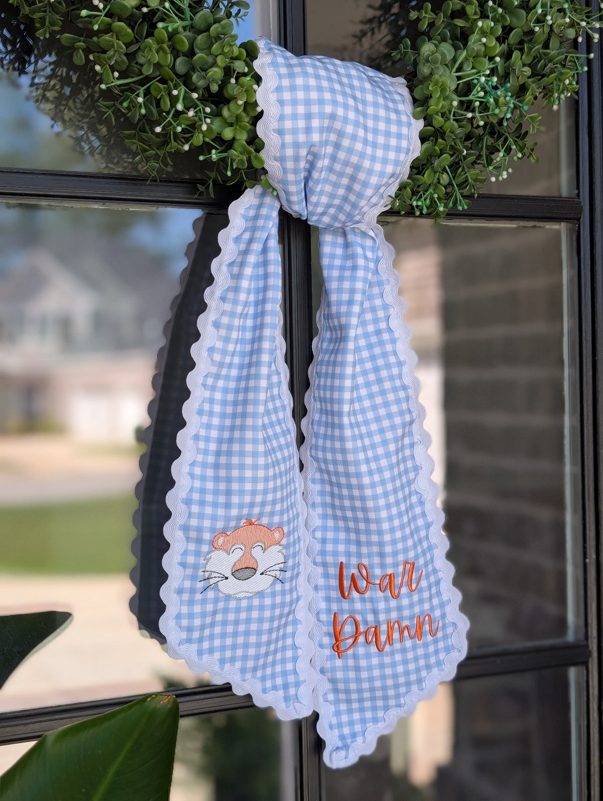 Custom Phrase Tiger Mascot Light Blue Gingham Wreath Sash