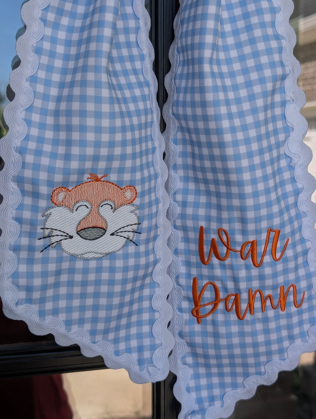 Custom Phrase Tiger Mascot Light Blue Gingham Wreath Sash