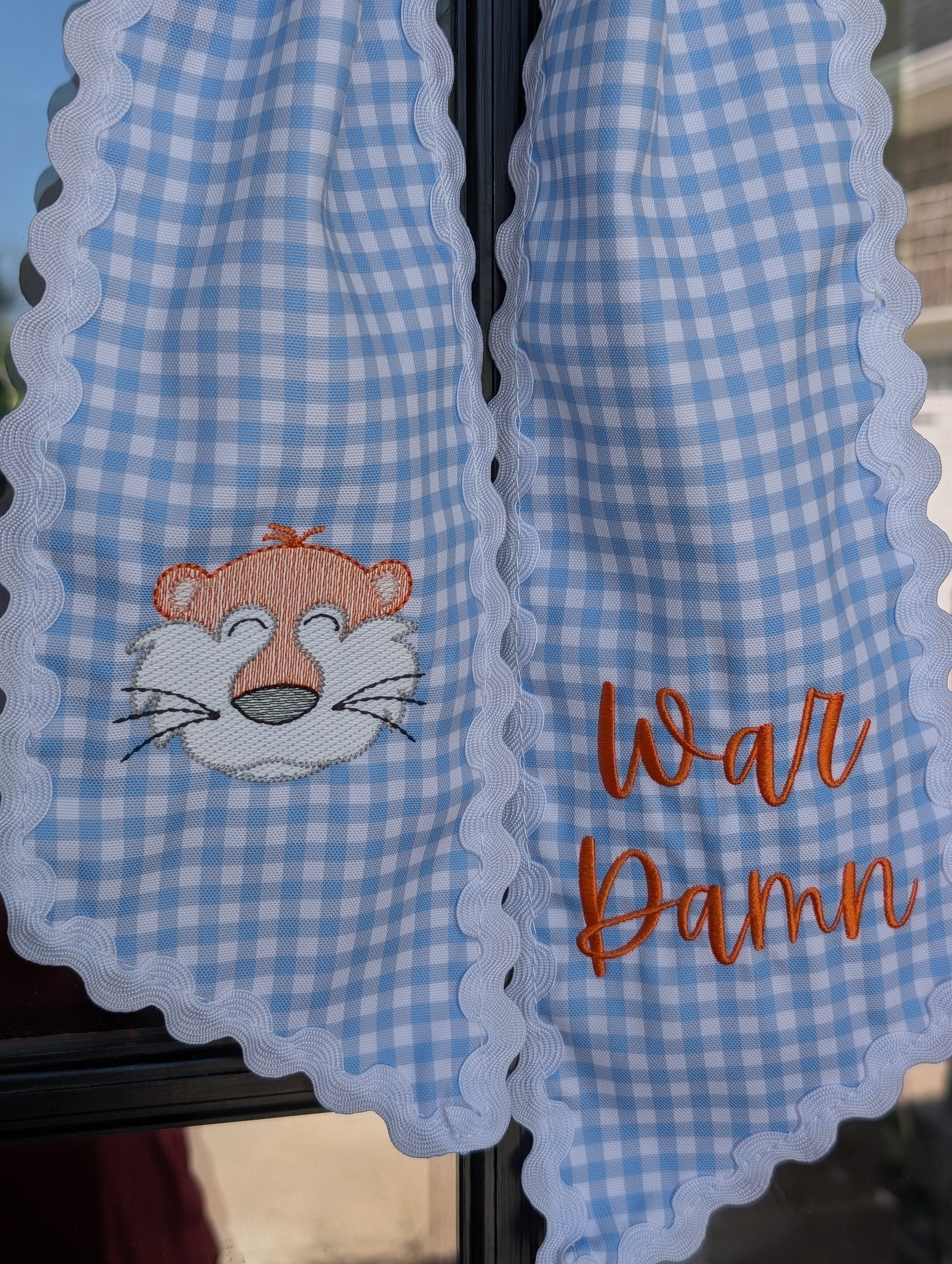 Custom Phrase Tiger Mascot Light Blue Gingham Wreath Sash