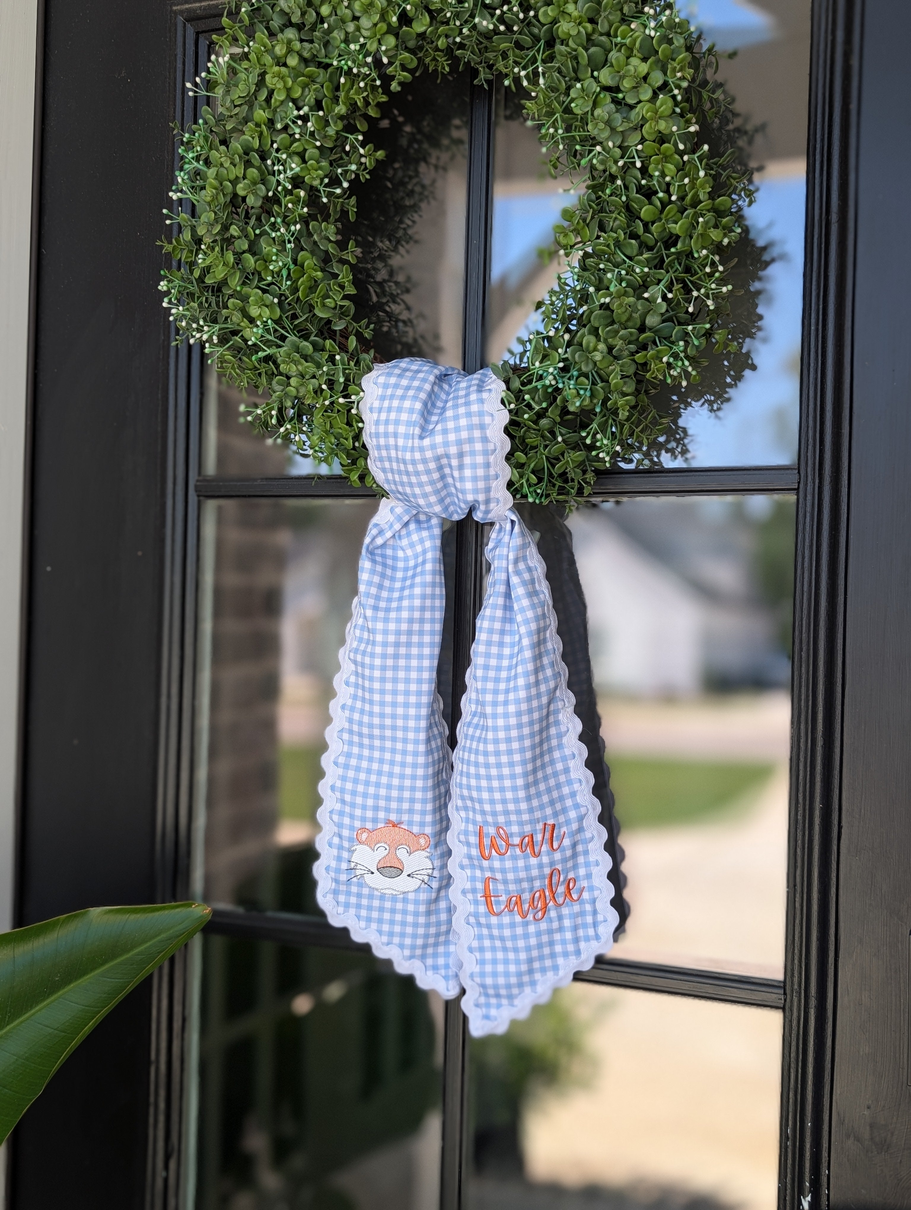 Custom Phrase Tiger Mascot Light Blue Gingham Wreath Sash