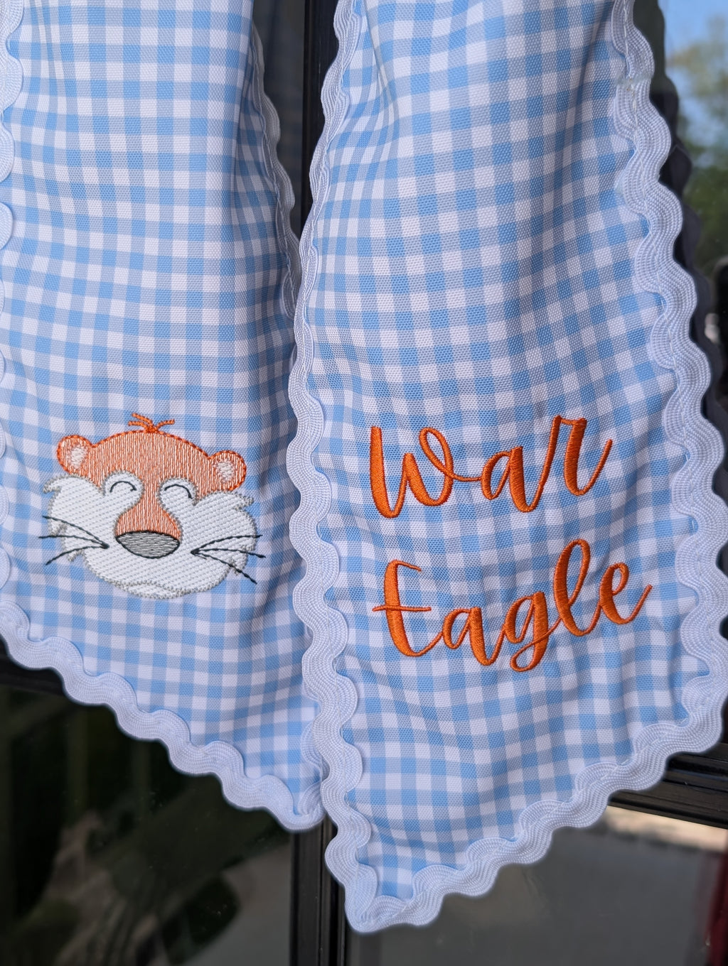 Custom Phrase Tiger Mascot Light Blue Gingham Wreath Sash
