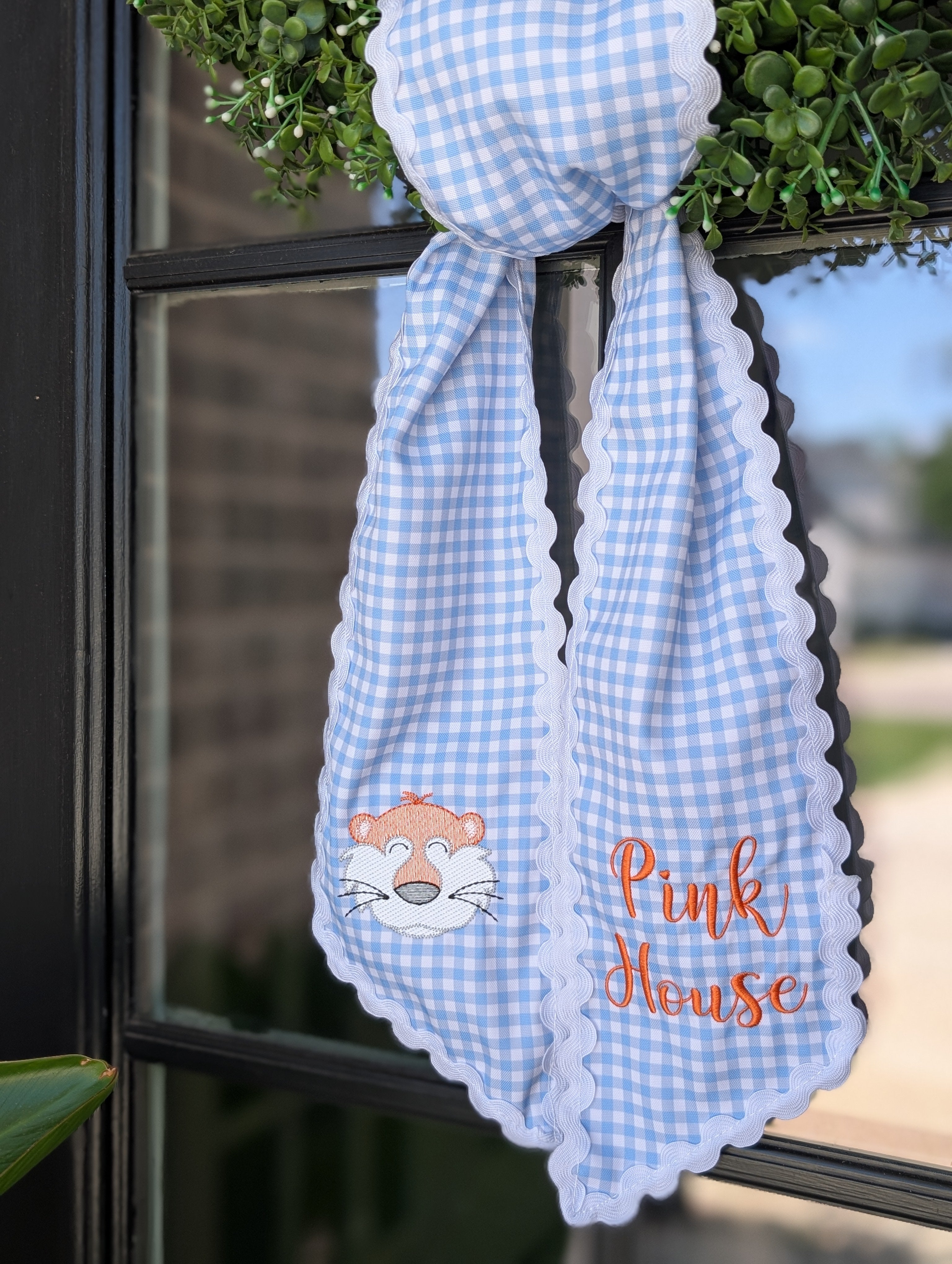 Custom Phrase Tiger Mascot Light Blue Gingham Wreath Sash