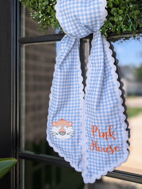 Custom Phrase Tiger Mascot Light Blue Gingham Wreath Sash