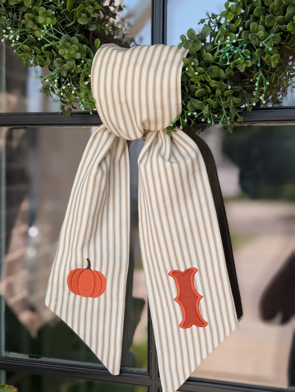 Fall Pumpkin Tan Stripe Wreath Sash