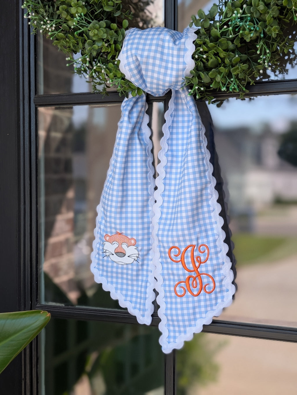 Script Initial Light Blue Gingham Wreath Sash