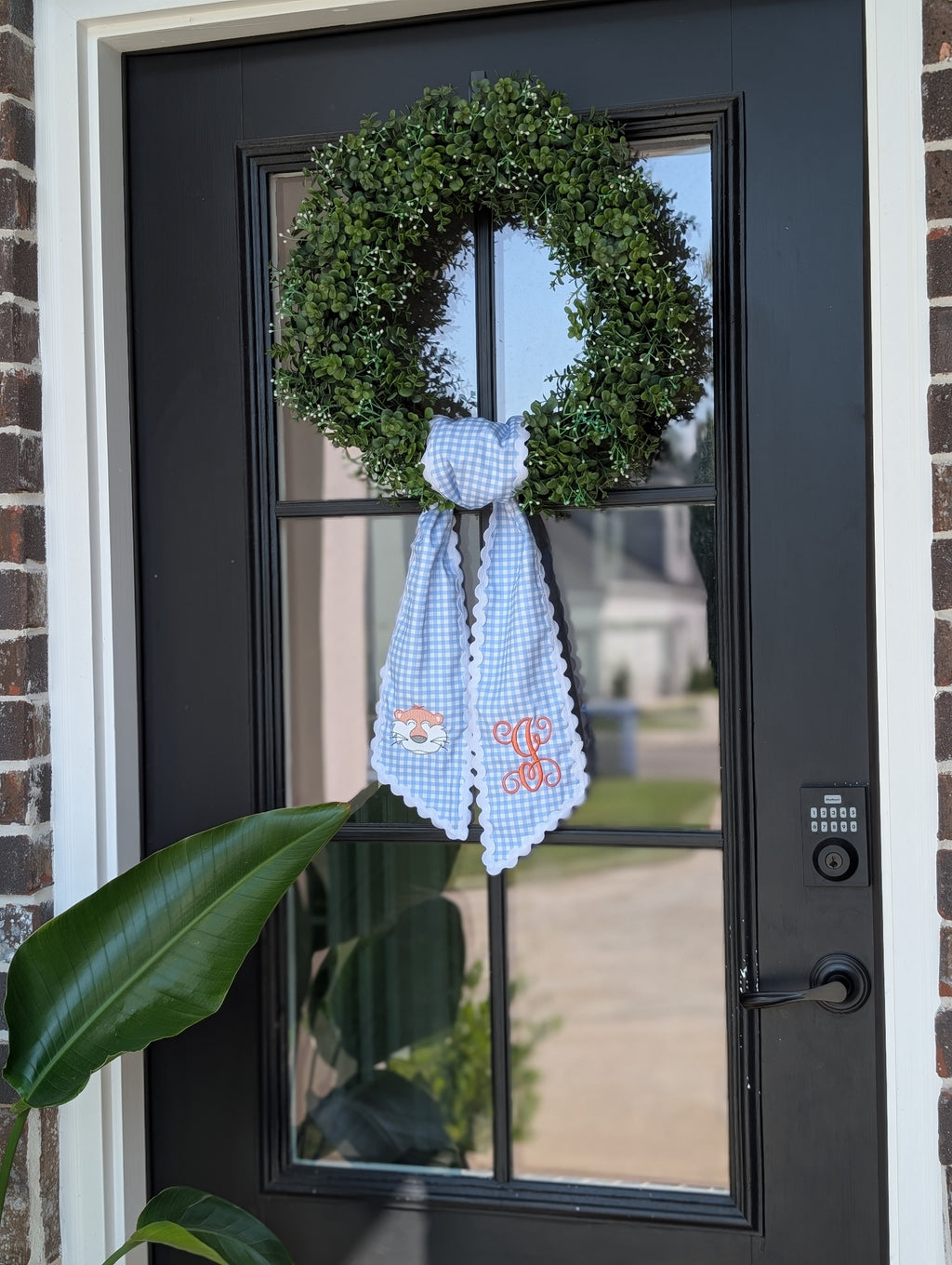 Script Initial Light Blue Gingham Wreath Sash