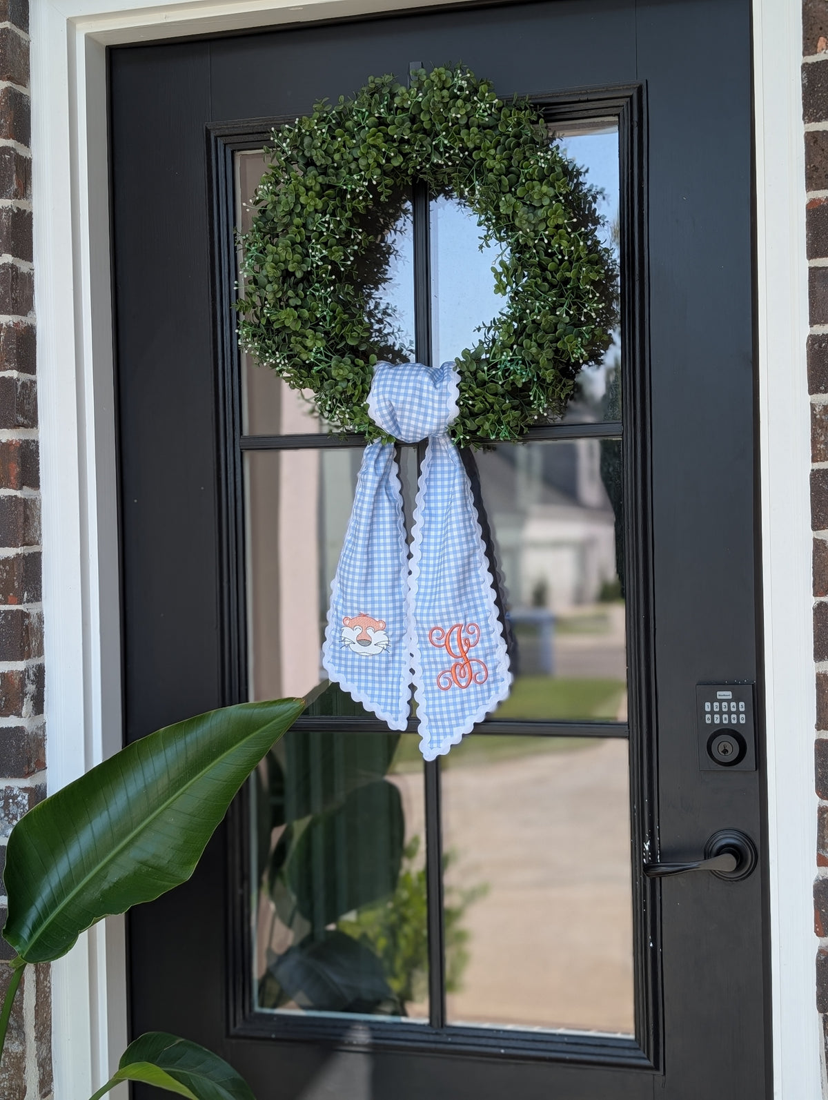 Script Initial Light Blue Gingham Wreath Sash