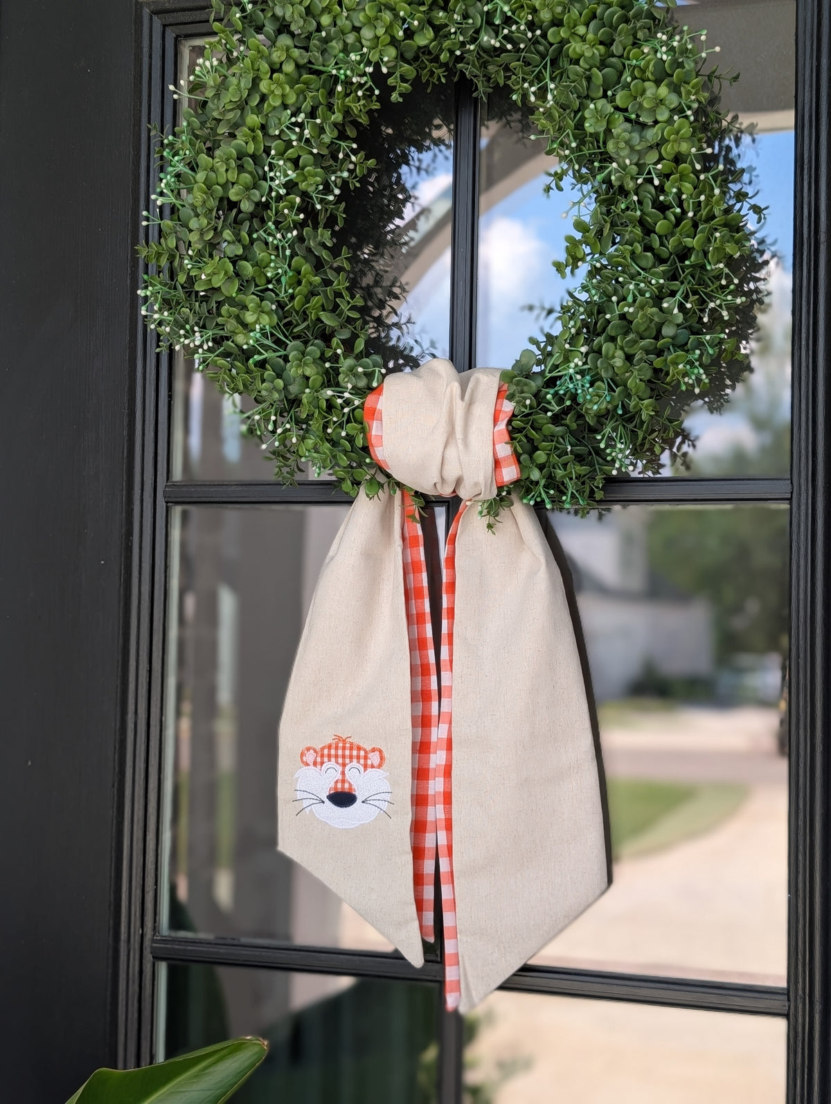 Fabric Tiger Face on Double Layer Burlap Wreath Sash
