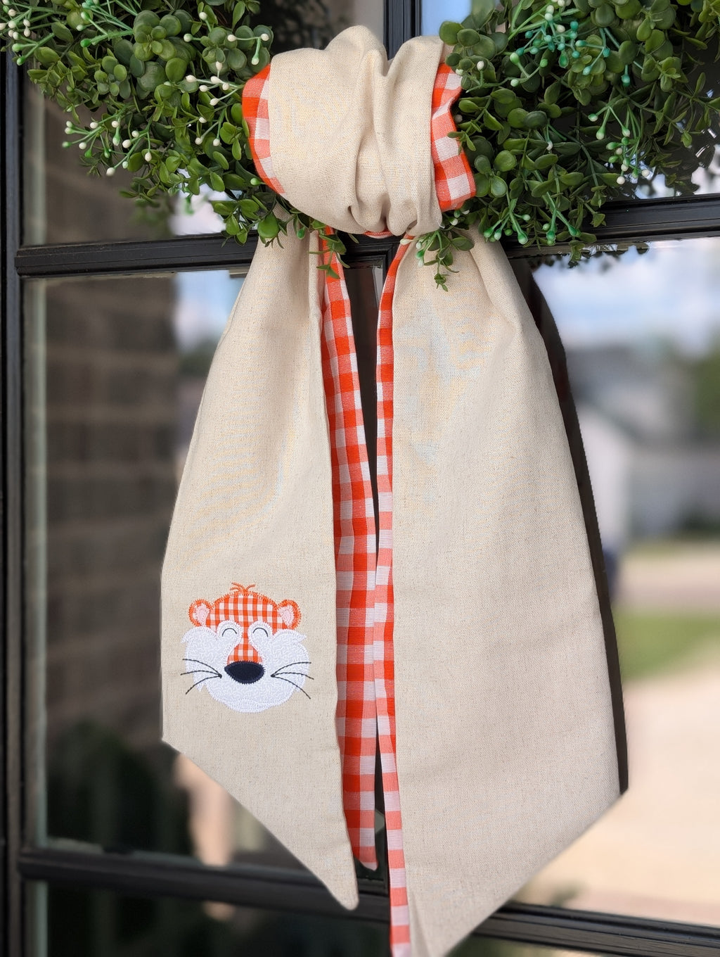 Fabric Tiger Face on Double Layer Burlap Wreath Sash