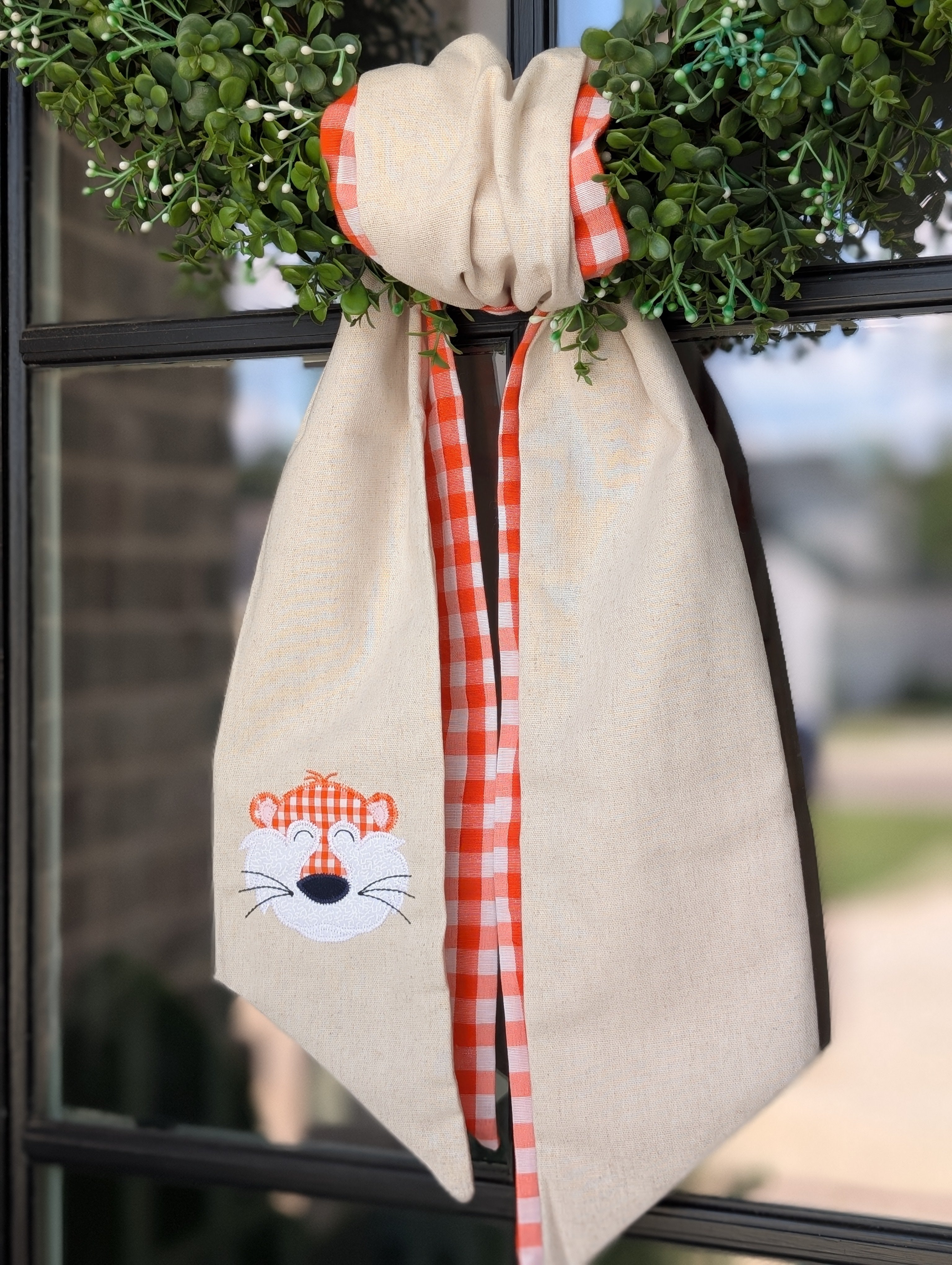 Fabric Tiger Face on Double Layer Burlap Wreath Sash