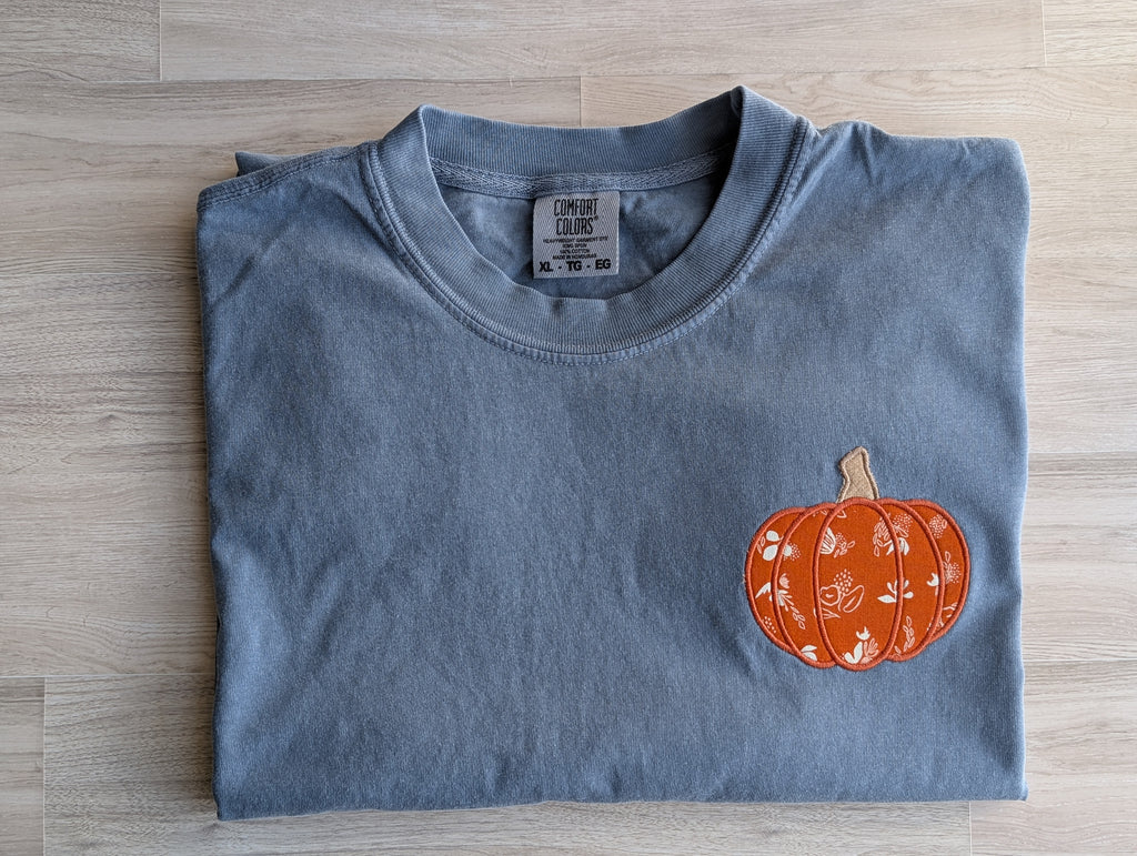 Comfort Colors denim tee with fabric pumpkin appliqué