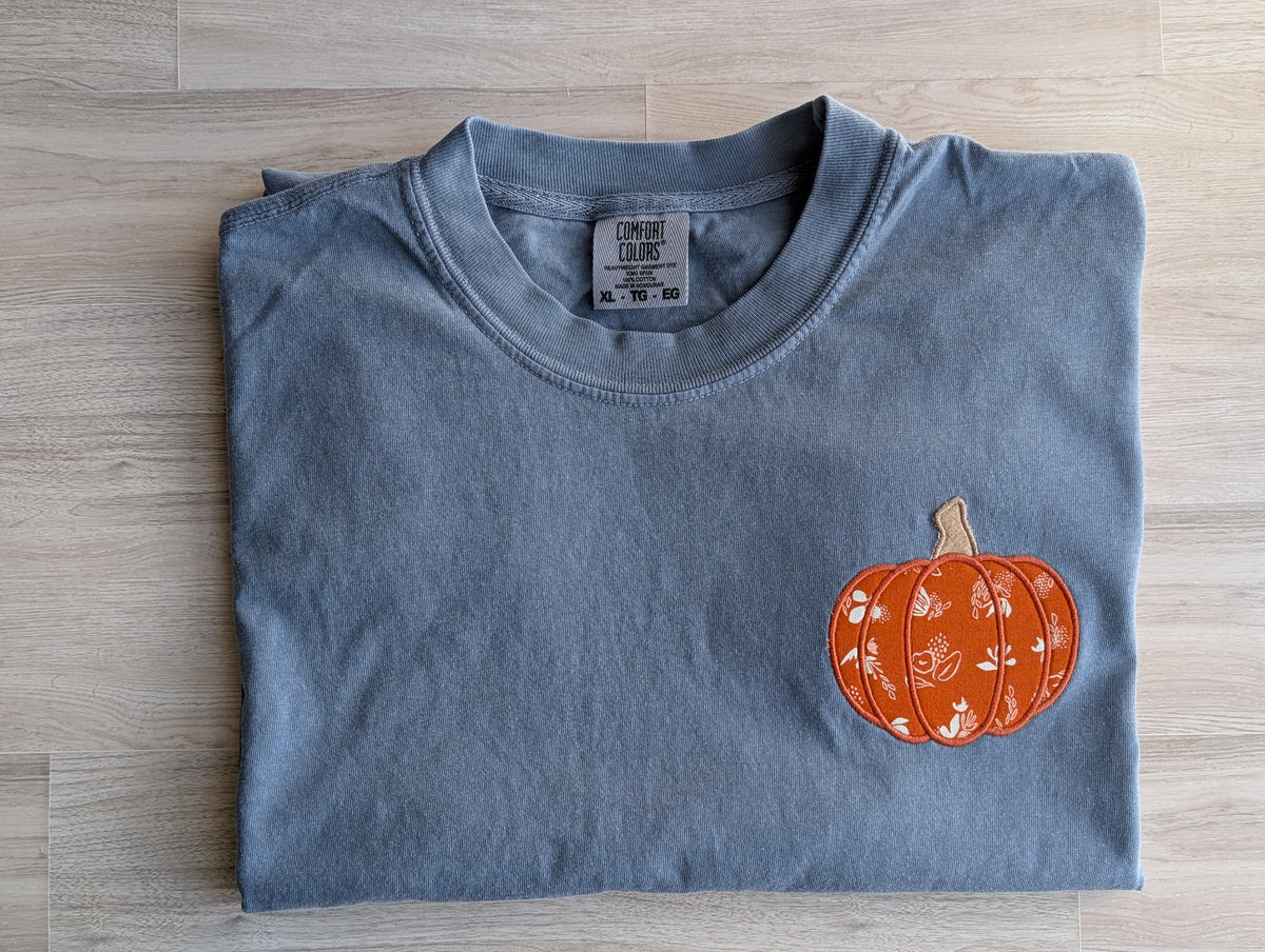 Comfort Colors denim tee with fabric pumpkin appliqué