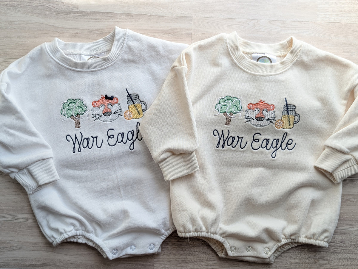 Close-up of oak tree tiger lemonade embroidery and sample phrase