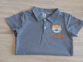 Navy and white striped boys' polo with tiger mascot and sample name Graham