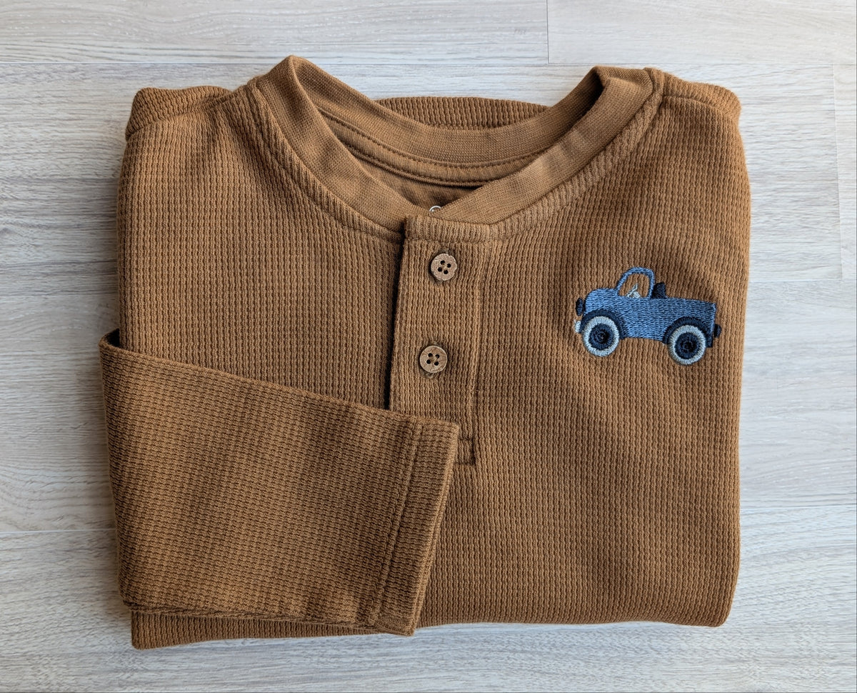 Vintage Truck Camel Waffle-Knit Henley – 4T