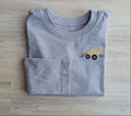 Blue-gray size 5T long-sleeve shirt with yellow backhoe embroidery on the chest