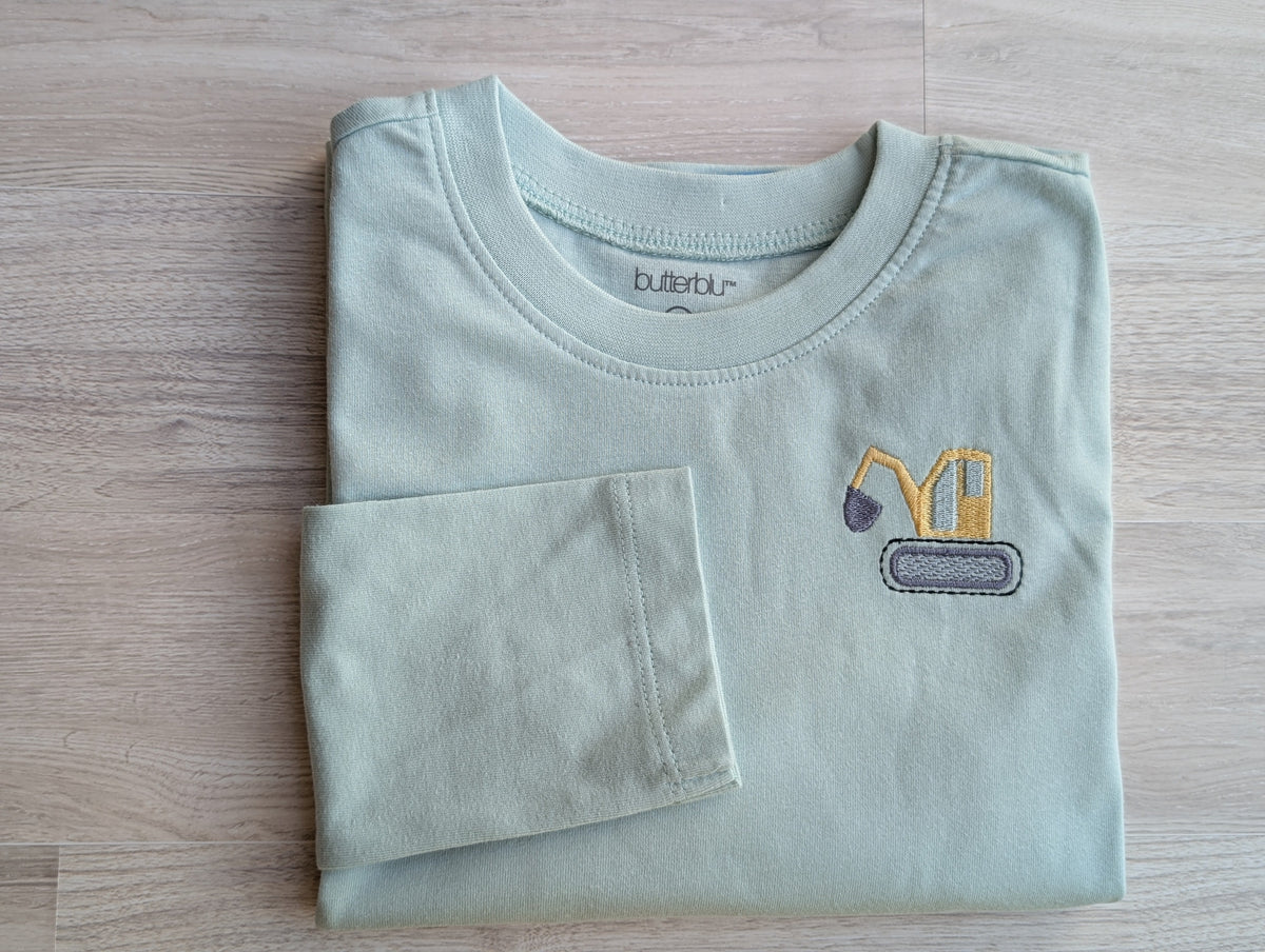 Light green size 5T long-sleeve shirt with yellow excavator embroidery on the chest