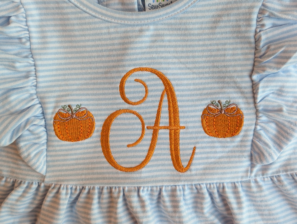Girls’ Monogrammed Pumpkin Striped Flutter-Sleeve Dress