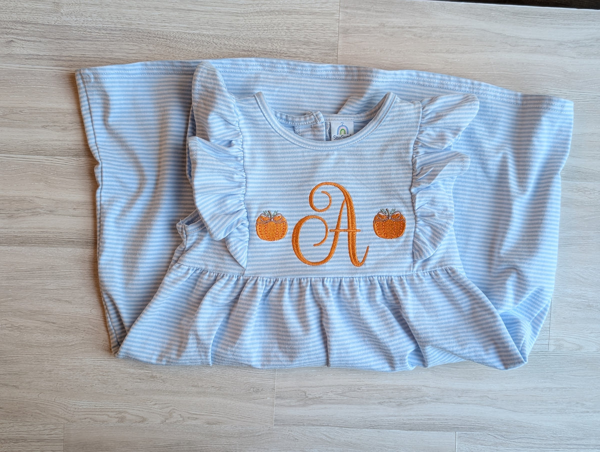 Girls’ Monogrammed Pumpkin Striped Flutter-Sleeve Dress