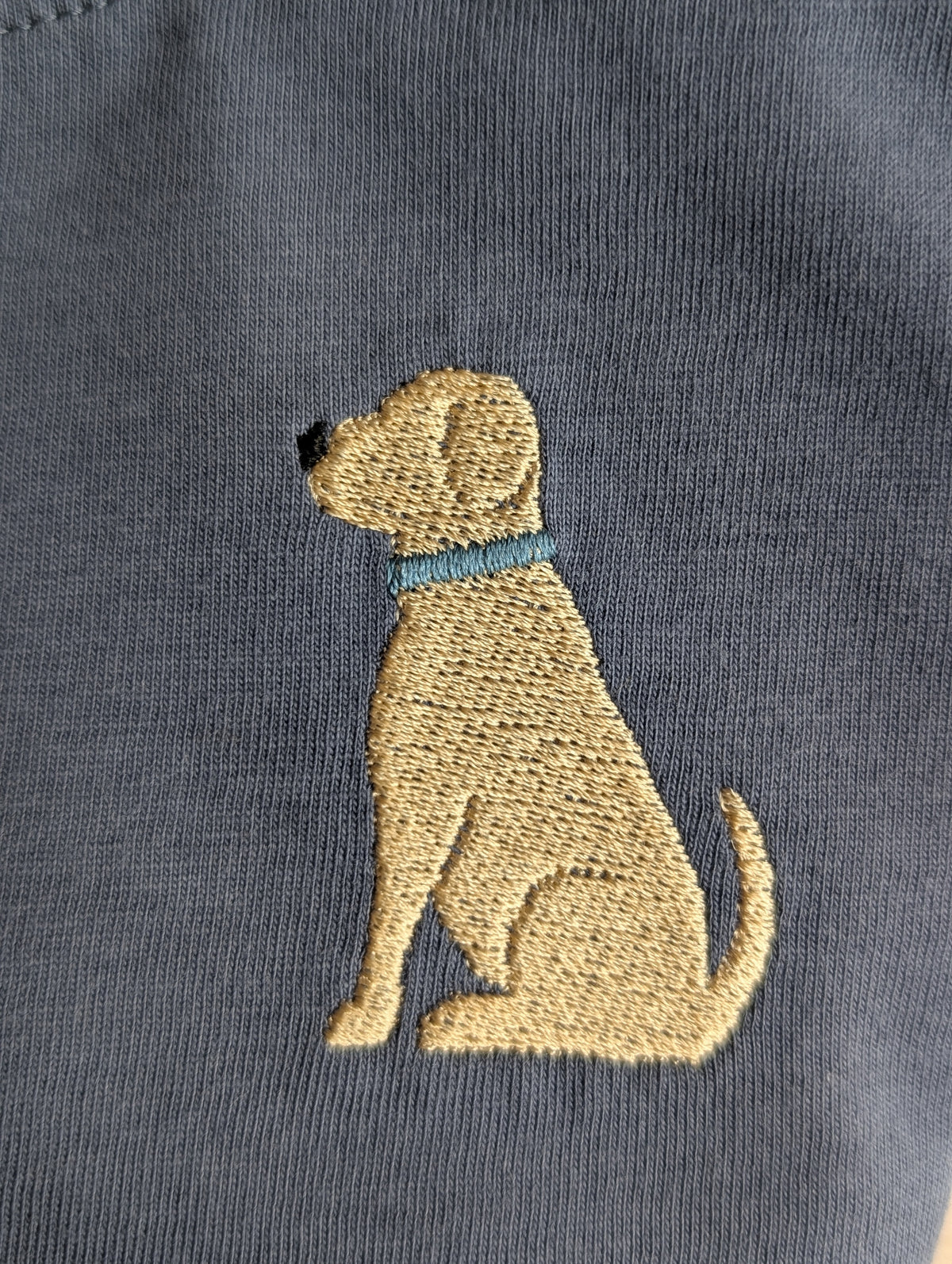 Close-up of golden dog embroidery with a blue collar