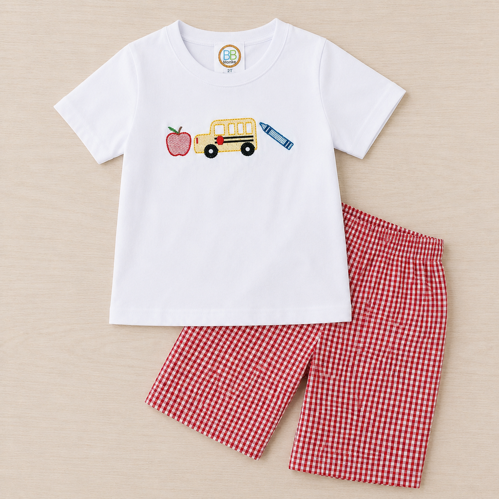Apple bus crayon embroidered back to school shirt for kids